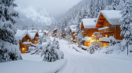 Fototapeta premium Snowy mountain village at twilight. Cozy wooden houses covered in snow, lit by warm lights