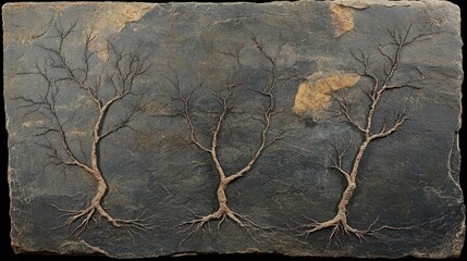 Impression of ancient plant roots fossilized in a stone slab.