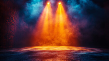 Orange spotlights illuminate smoky dark stage with grunge backdrop
