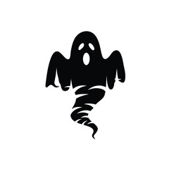 Spooky halloween ghost silhouette with spiraling tail and surprised expression