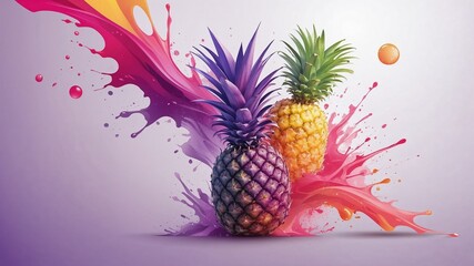 Colorful Pineapples Splashing in Juice against Purple Background  