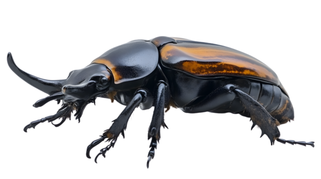 Closeup of a large black and orange beetle with a prominent horn