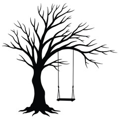 Bare tree silhouette with swing hanging from branches isolated on white