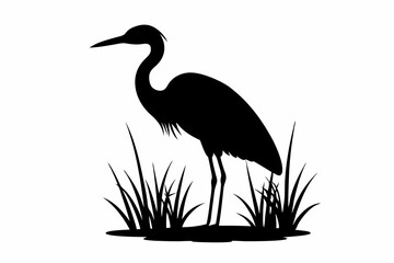 Black heron silhouette standing in a marsh with tall grass