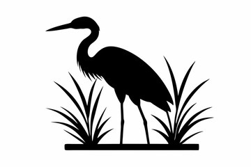 Black heron silhouette standing in a marsh with tall grass