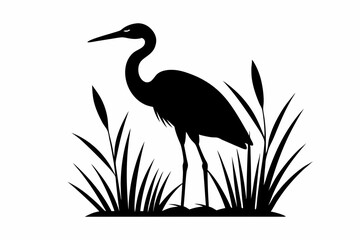 Black heron silhouette standing in a marsh with tall grass