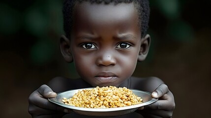 Young african child holding plate of food representing hunger and poverty