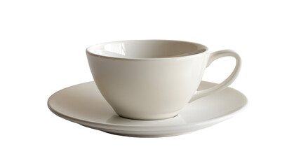 A simple white teacup and saucer set against a dark background in a minimalist composition style 