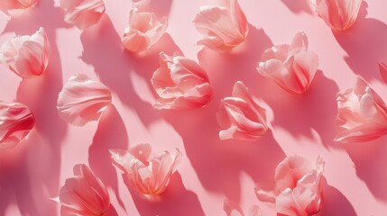 A row of pink and white tulips with green leaves against a solid pink background.
