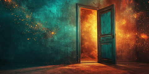 Open teal door reveals fiery orange light and particles, grunge textured wall background creates mysterious, fantasy scene, ideal for dark fantasy or mystery themes