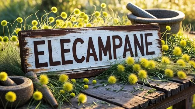 sign with the inscription elecampane, fresh herbs on the table, sunny day