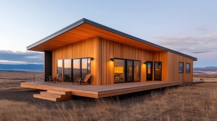 Modern Wooden Cabin in Rural Landscape at Sunset