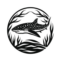Whale Shark Monochromatic in a Decorative Oval with Seaweed