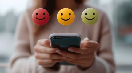 Woman expressing satisfaction with smartphone and emojis, rating experience