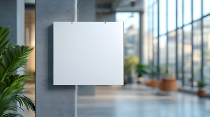 White blank poster hanging in modern office lobby with plants
