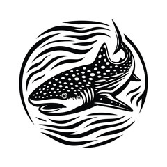 Black and White Whale Shark Silhouette in Circular With Wavelike Patterns