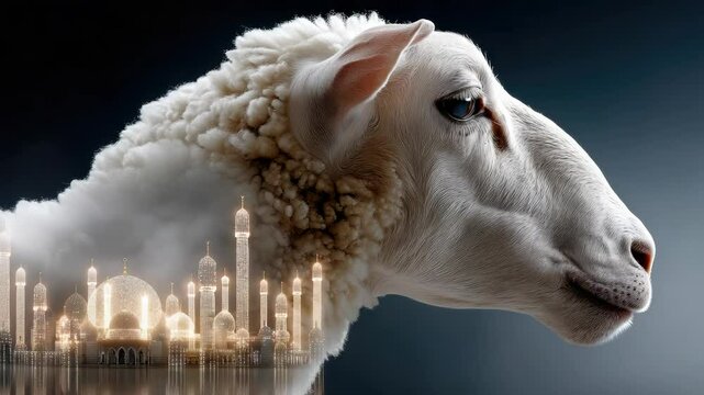 Happy Eid al-Adha: crescent moon, Fanus lantern, sacred sheep, festive lamb, video greeting, Feast celebration, Bakra Eid, Eid-e-Qurban, Hari Raya Haji, Ramadan symbol, Islamic tradition