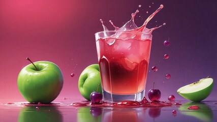 Refreshing drink splashing in glass with green apples background  