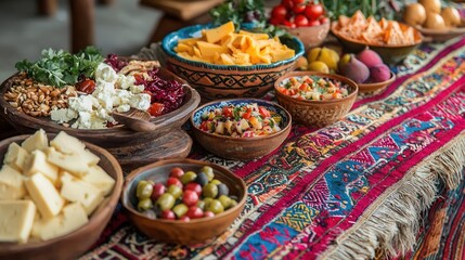 Fototapeta premium bohemian food spread with fruits and cheese, colorful textile table runner, ethnic bowls