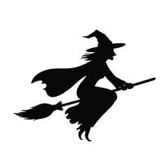 Silhouette illustration of a witch flying on a broom for halloween design
