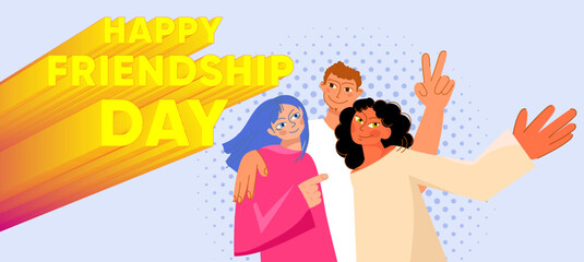 Diverse group of cheerful young friends celebrating Friendship Day in a vibrant modern design. The scene conveys themes of unity, inclusivity, human connection, social values ​​and relationship.Vector