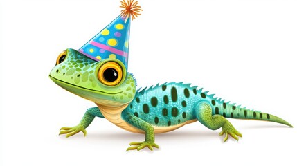 Obraz premium Cute Cartoon Lizard Wearing a Birthday Party Hat