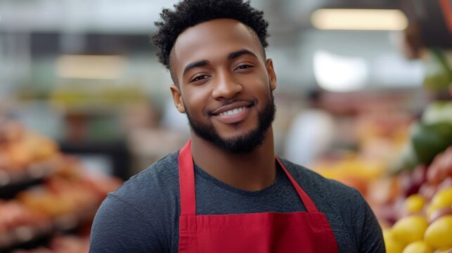 Smiling grocer wearing red apron posing in supermarket fruit and vegetable section