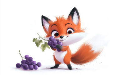 Fototapeta premium Playful Cartoon Fox Holding Grapes in a Cheerful Expression of Joy