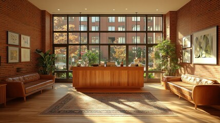 Spacious, sun-drenched lobby with warm, inviting design