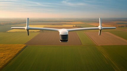 Futuristic Electric Air Taxi Flying Over Rural Landscape