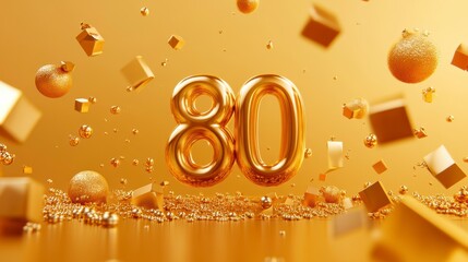 Golden 80th anniversary celebration with confetti and balloons.