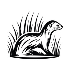 Sleek Black and White Otter Hiding in Tall Grass, Wildlife Mascot Design