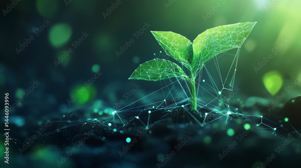 Wall mural digital rendering of a growing plant seedling with connecting lines, representing growth and technol