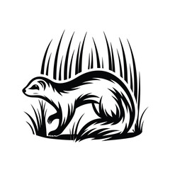 Black silhouette weasel in grass, wildlife animal icon, simple design, on white background
