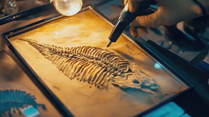 Scientific study of fossil structure with magnification.