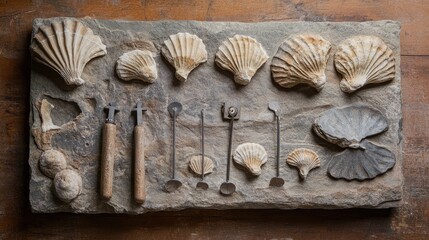 Set of ancient plant fossils with scale and measurement tools.