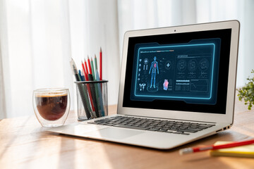 Medical science technology and futuristic healthcare virtual computer software analyze human health and diagnose disease for doctor data and medical research. brisk