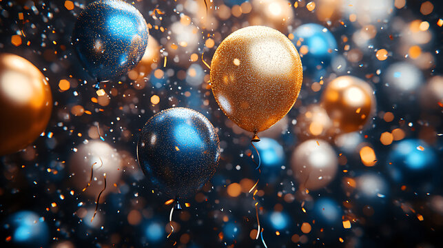 Festive balloons and confetti background for celebrations and parties joyful golden and blue balloons decoration for holiday events and celebratory occasions