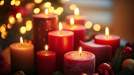 Festive christmas candles illuminating a holiday wreath.