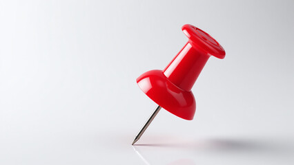 Red pushpin with realistic metallic tip, Shiny plastic head with natural light, Desktop or bulletin board accessory, Isolated on a transparent background