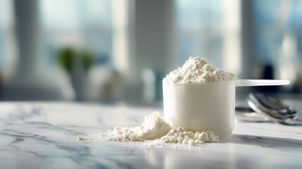 A wide shot of a clean white protein powder scoop placed on the right side of a marble kitchen.