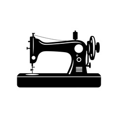 Vintage Sewing Machine Silhouette: A classic black and white silhouette of a vintage sewing machine, meticulously captured, showcasing the timeless elegance of craftsmanship and tailoring.