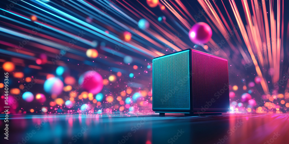 Poster cube speaker on reflective surface, vibrant neon lights and bokeh background, showcasing product dis