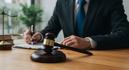 Lawyer reviewing documents with gavel and scales of justice on desk in a well lit office space
