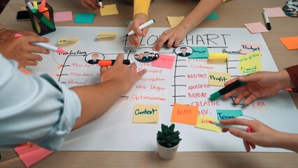 A diverse team engages in collaborative project planning using colorful sticky notes and markers. The vibrant visual aids enhance communication and productivity. SACTR