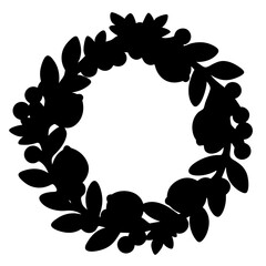 Silhouette of a wreath with berries and leaves creating a circular frame
