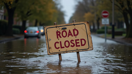 Flooded Street with Road Closed Sign