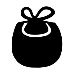 Simplified black and white illustration of a baby bib with string ties