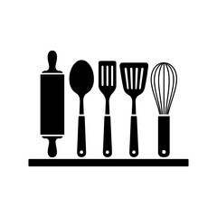Fototapeta premium Kitchen Utensil Set Icon: A set of five essential kitchen utensils, including a rolling pin, spoon, spatula, turner, and whisk, are neatly arranged on a shelf.