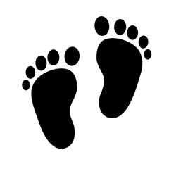 Infant footprints in black ink against a white background graphic illustration